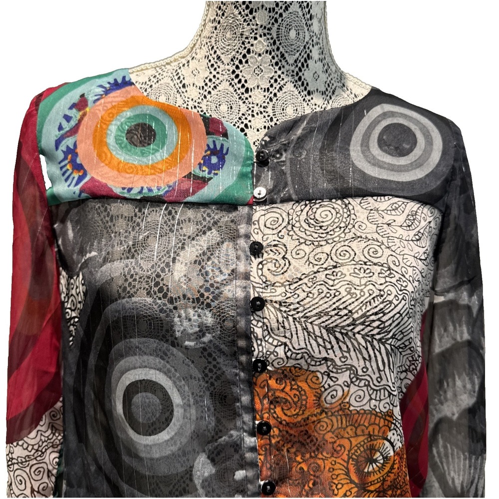 Desigual Small Colorful Patchwork Sheer Chiffon Tunic Blouse Boho Long Sleeve - Picture 7 of 11